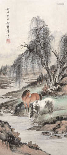 溥伒（1893～1966） 1942年作 柳溪双骏 立轴 设色纸本