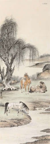 溥僴（1901～1966） 柳荫三骏 立轴 设色纸本