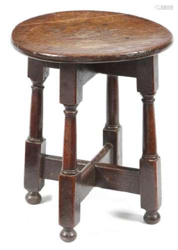 A rare small Charles II oak stool, the circular to…