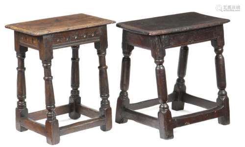 Two 17th century oak joint stools, one with stylis…