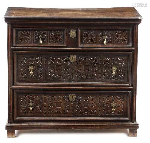 A late 17th century oak chest, of two short and tw…