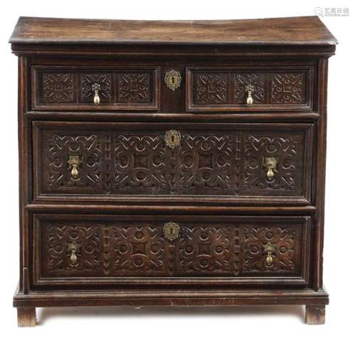 A late 17th century oak chest, of two short and tw…