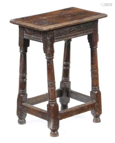 A 17th century and later oak joint stool, the asso…