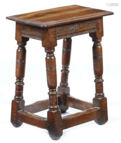 A mid 17th century oak joint stool, the rectangula…
