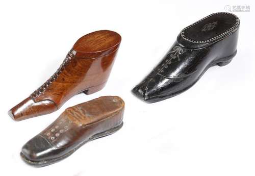 Three 19th century snuff shoes, one in leather wit…