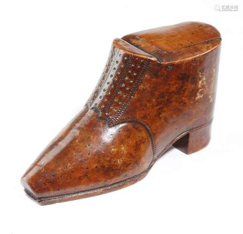 A 19th century treen snuff shoe, possibly burr map…