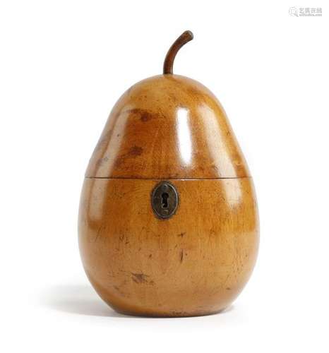 A treen fruitwood tea caddy in the form of a pear,…