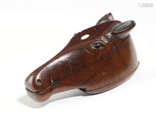 Λ A 19th century treen horse's head snuff box, wit…