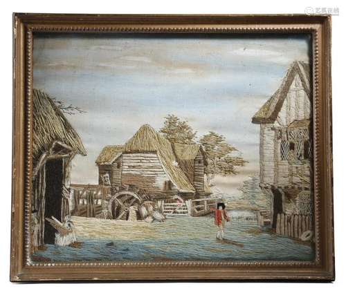 A George III folk art woolwork and watercolour pic…