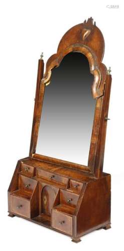 A Queen Anne walnut dressing table mirror, the lat…