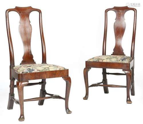 A pair of George II red walnut side chairs, each w…