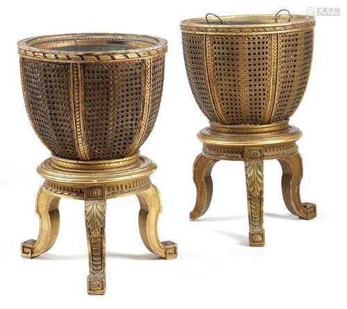 A near pair of French giltwood and caned jardinier…