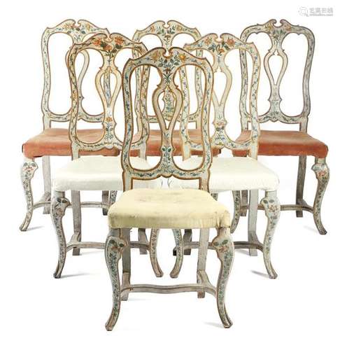 A set of five Italian painted dining chairs, decor…