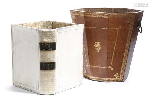 A vellum faux book wastepaper basket, with a marbl…