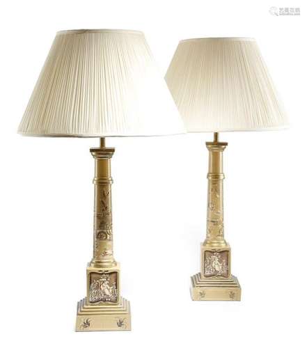 A pair of tole peinte table lamps, decorated with …