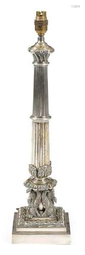 A silver plated column table lamp, the fluted stem…