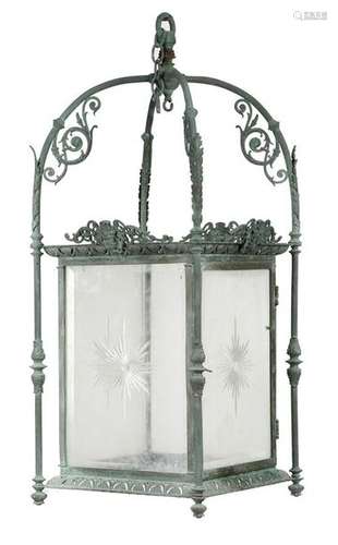 A late Victorian bronze hall lantern, with a verdi…