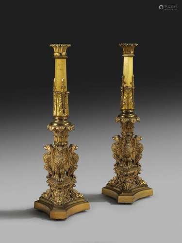 A pair of George IV bronze table lamps, each with …