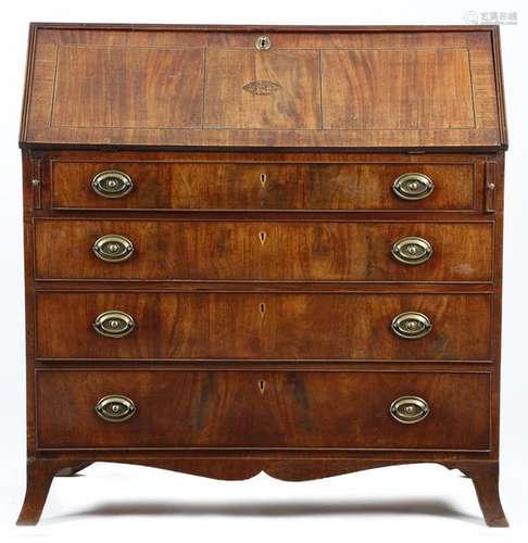 A Regency mahogany bureau, inlaid with stringing, …