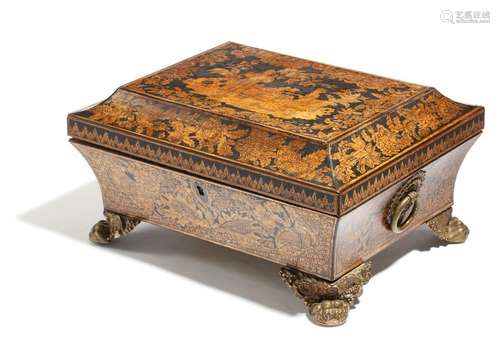 A Regency penwork sarcophagus shape box, decorated…