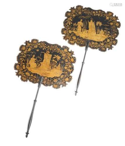 A pair of Regency penwork hand screens, decorated …