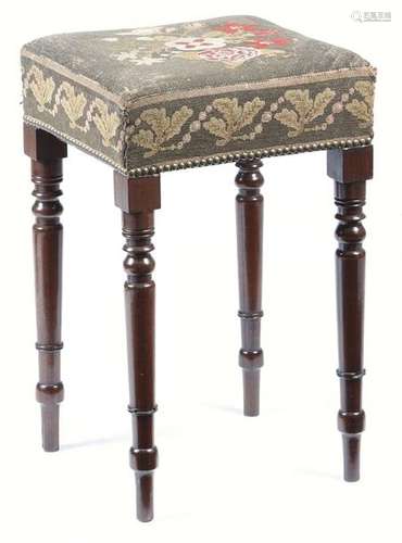 A William IV mahogany tall stool, the needlework s…