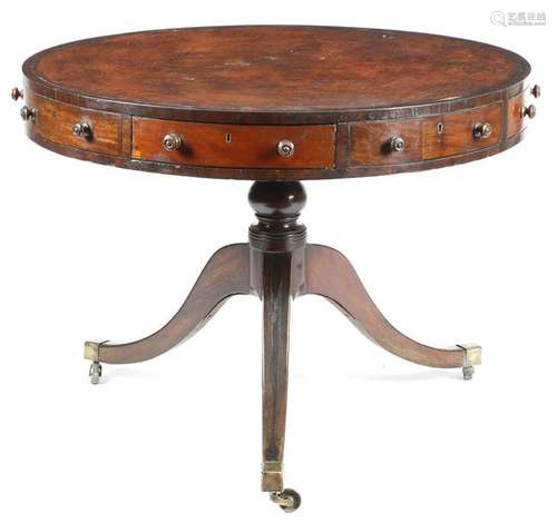 A 19th century mahogany drum table, with ebonised …