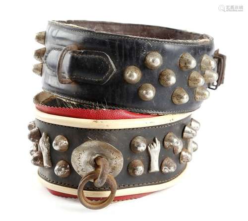 Two Victorian leather dog collars, with studded de…