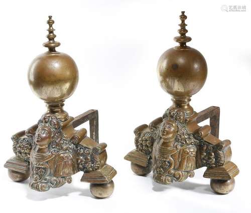 A pair of Dutch brass andirons, each with a turned…