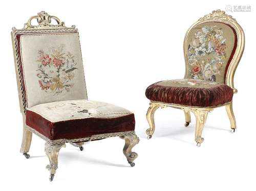 Two Victorian giltwood nursing chairs, each with a…