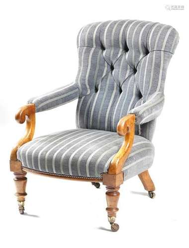 A Victorian walnut open armchair, later upholstere…