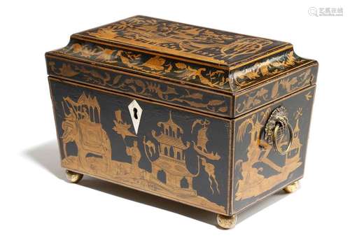 A Regency penwork sarcophagus shape tea caddy, dec…