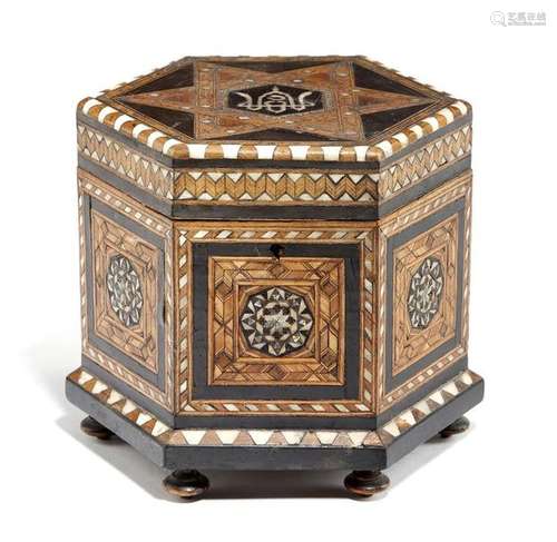 Λ A Moorish walnut and parquetry hexagonal tea cad…