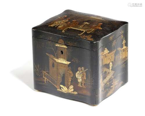 A continental black japanned tea caddy, gilt decor…