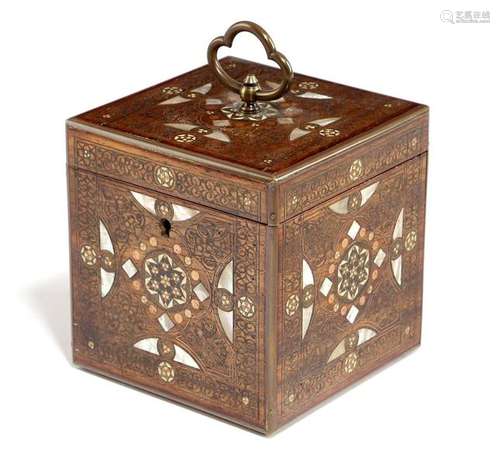 A Moorish walnut cube tea caddy, inlaid with brass…