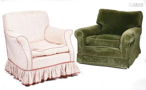 An easy armchair, with green plush fabric covers, …