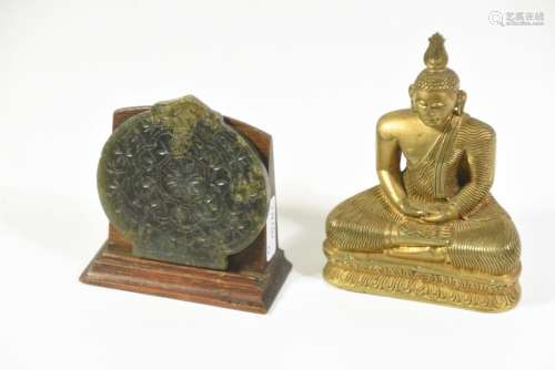 Bouddha en bronze doré + une plaque en Jade, Tibet…