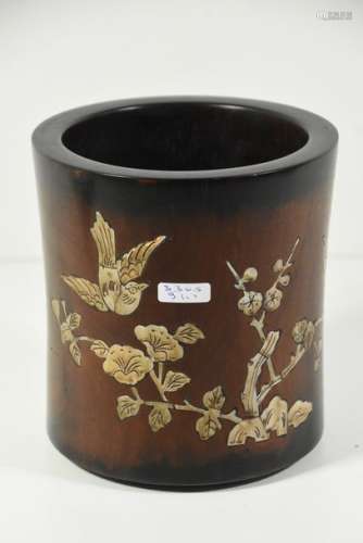 Pot à pinceaux en bois et nacre (Ht 16cm, Ø 15cm)