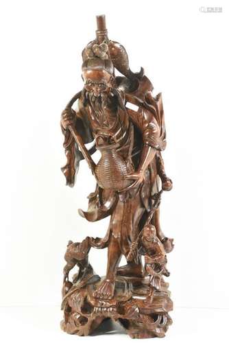 Personnage Chinois en bois sculpté (ht 62cm)