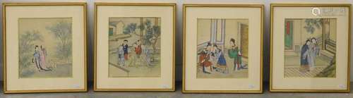 Lot de quatre peintures chinoises sur soie (34 x 3…