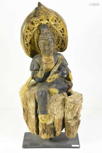 Bouddha en bois peint (Ht 45cm)