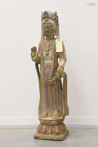Statue asiatique en pierre polychrome (ht 96cm)