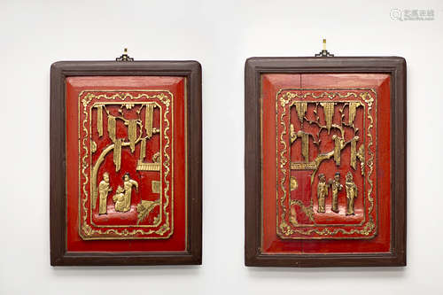 A PAIR OF WOODEN CARVED SCREENS