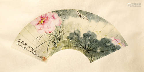 A LOTUS FAN SURFACE PAINTING BY "LU LIU FEI"