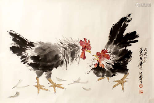A CHINESE PAINTING OF ROOSTERS