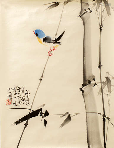 A CHINESE PAINTING OF BIRDS AND BAMBOO BY "SHI BAO"