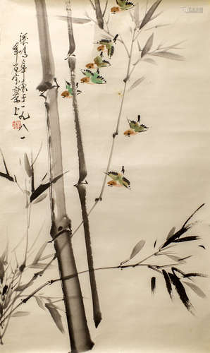 A CHINESE PAINTING OF BIRDS AND BAMBOO BY "SHI BAO"