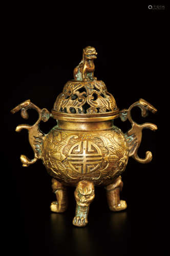 A BRONZE TRIPOD CENSER AND COVER