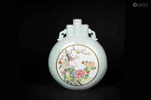 A Chinese Celadon Ground Famille-Rose Porcelain Vase