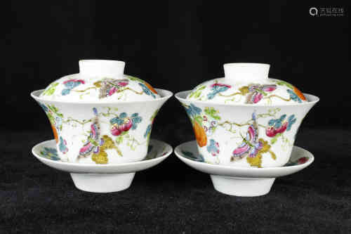 A Pair of Chinese Famille-Rose Porcelain Cups with Covers and Plates